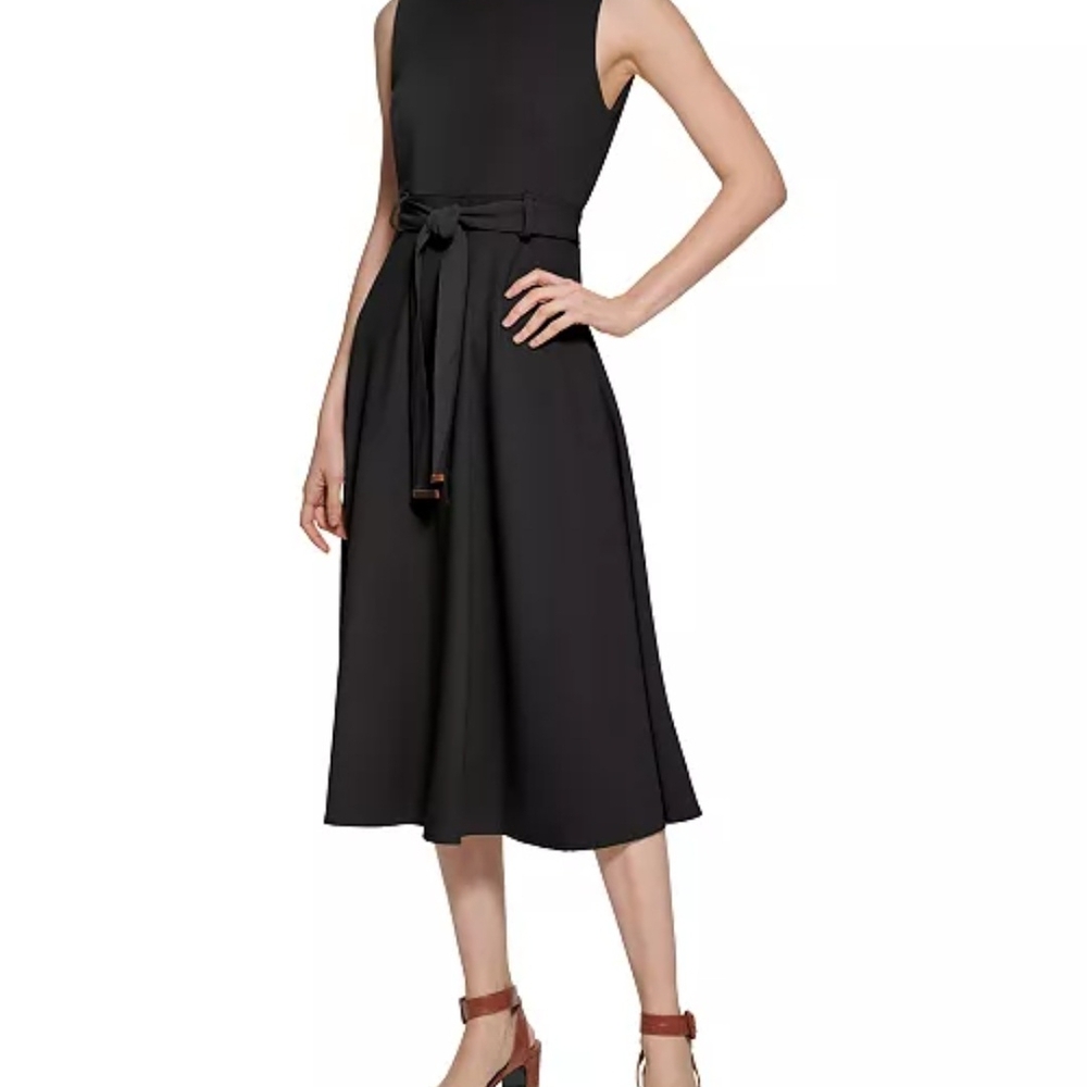 Calvin Klein Sleeveless Black Midi A-line Dress with Belt